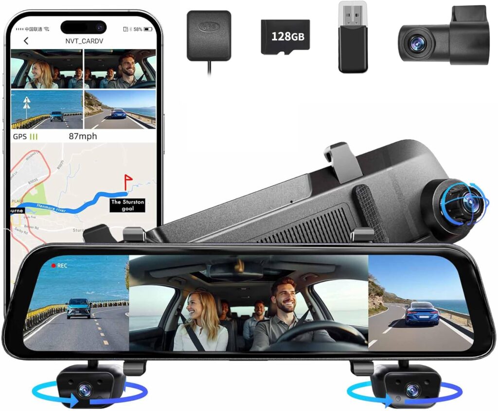 2025 Rear View Mirror Camera, 4 Channel Mirror Dash Cam Front and Rear Inside, 12″ Touch Screen 360° Dash Camera for Cars, Wi-Fi, APP, GPS, IR Night Vision Backup Camera, Free 128GB SD Card