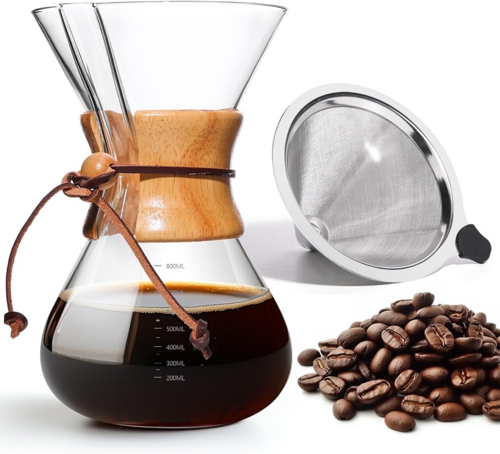 Pour Over Coffee Maker 27 OZ, 8 Cup Borosilicate Glass Drip Coffee Maker with Reusable Stainless Steel Filter and Cork Grip for Home Café 800 ML