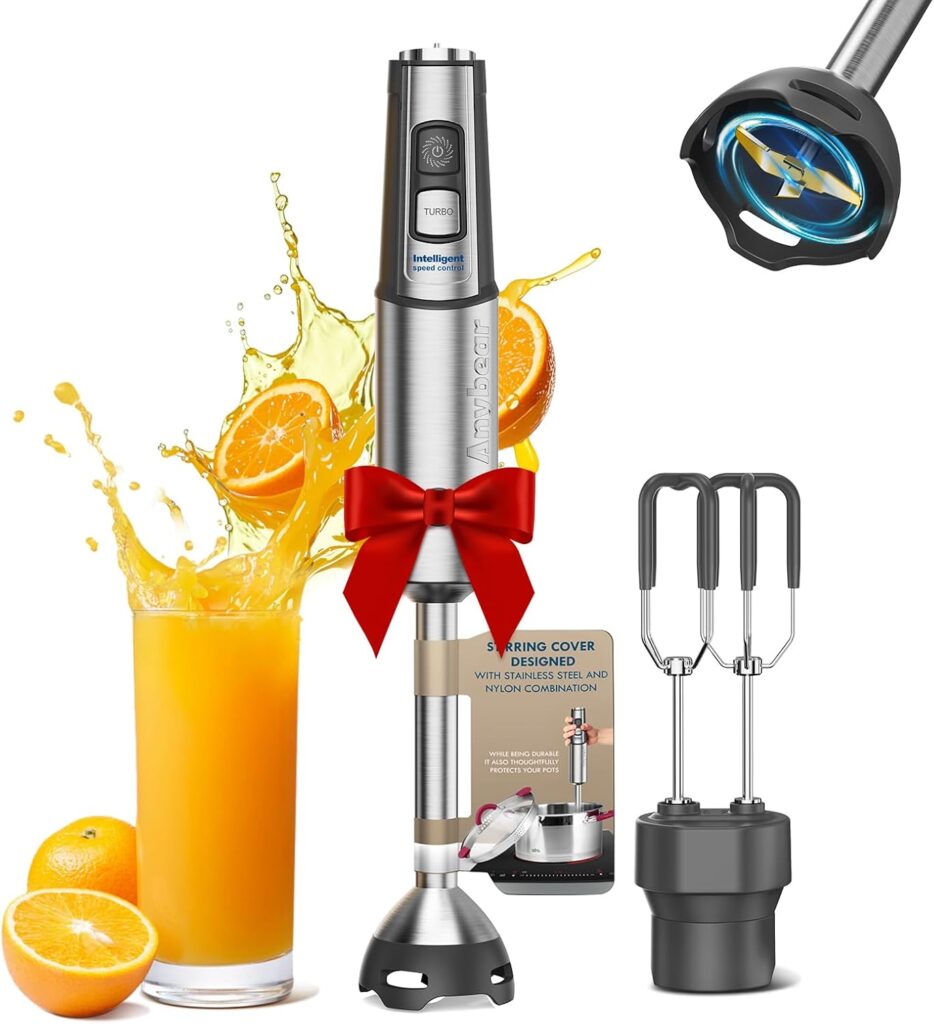 Anybear Immersion Blender, 1100W 2-in-1 Hand Held Blender with Full Copper Motor & Stainless Steel Body, 15 Speed & Turbo Mode Hand Mixer, Blade with Anti-scratch Coating (Gray)