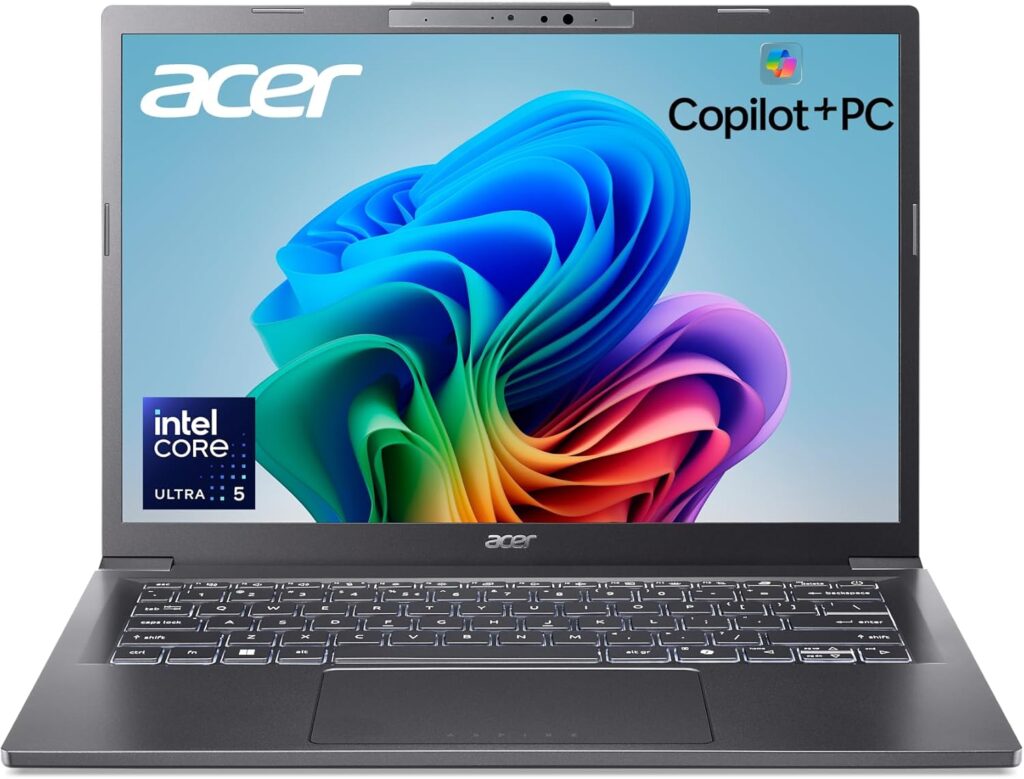 Acer Aspire 14 AI Copilot+ PC | 14″ WUXGA Display | Intel Core Ultra 5 Processor 226V | NPU: Up to 40 Tops – GPU: Up to 53 Tops | Intel ARC 130V | 16GB LPDDR5X | 512GB SSD | Wi-Fi 6E | A14-52M-51S1