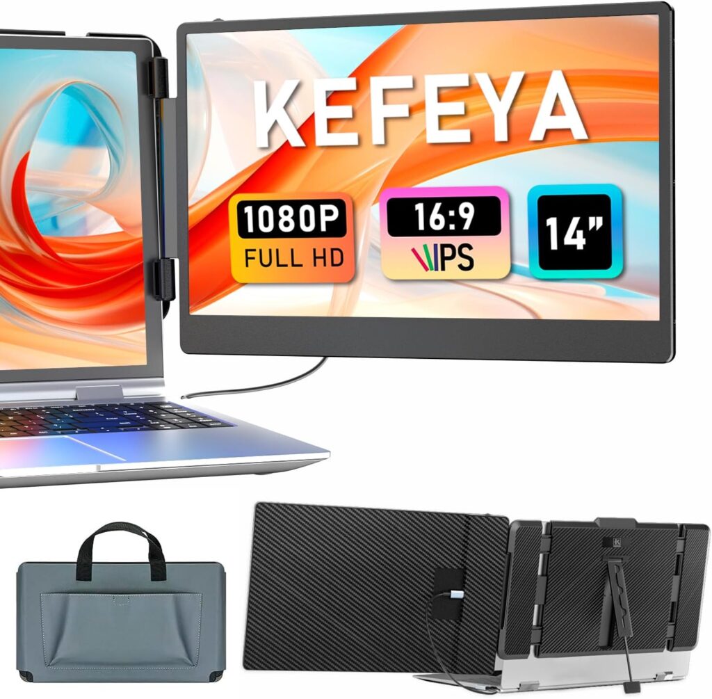 KEFEYA Laptop Screen Extender, 14″ Portable Monitor for Laptops 13-17″, 1080P FHD IPS Monitor Extender for Laptop with USB-C/HDMI Port, Plug n Play for Windows/Chrome/Mac/Switch/PS5