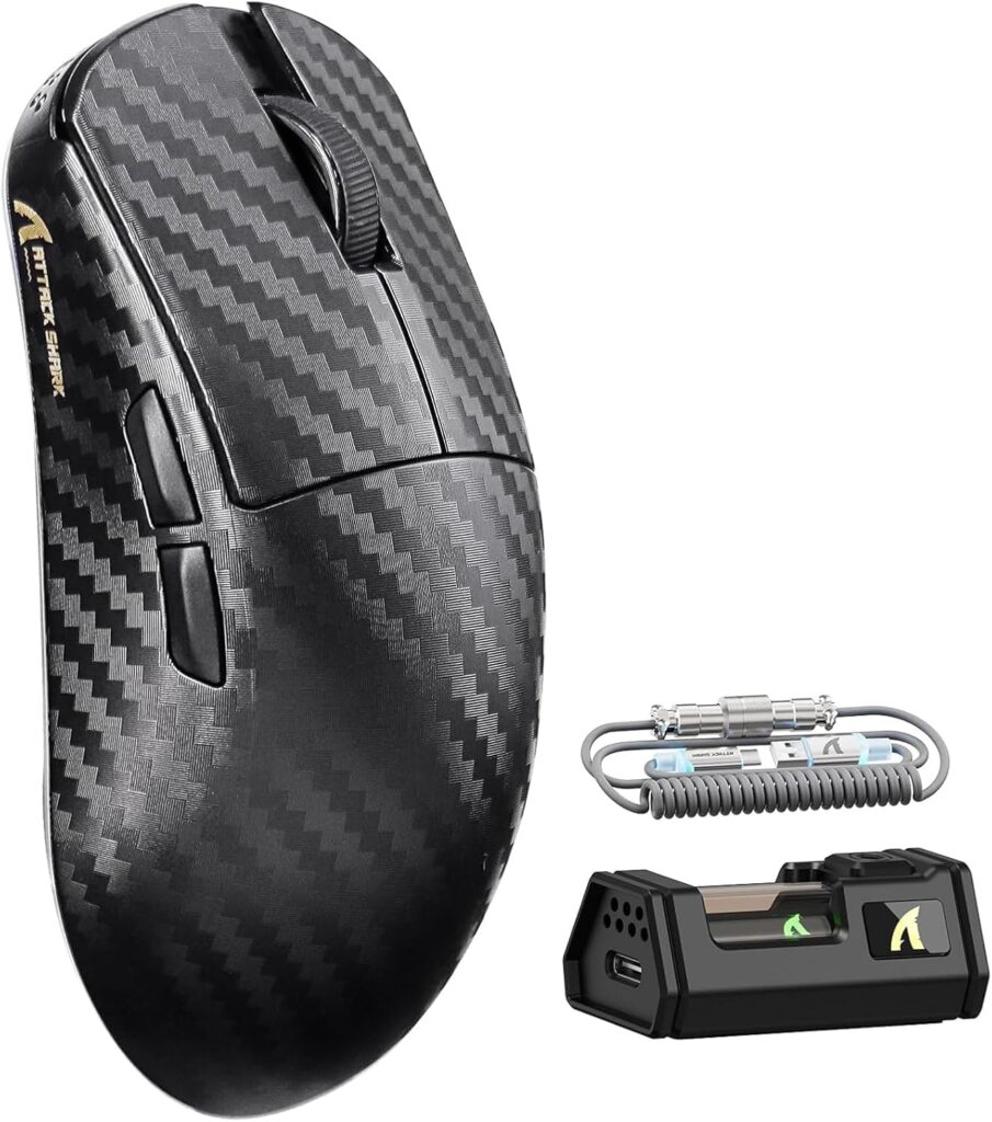 ATTACK SHARK R11 Ultra 8K Carbon Fiber Wireless Gaming Mouse with 42000 DPI-PAW3950 MAX Sensor-49g Lightweight,Nordic 52840 MCU Chip,Wired/BT/2.4Ghz Programmable,RGB Coiled Cable for PC(Black Wave)