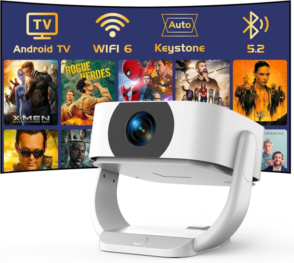 4K Support Outdoor Smart Projector with WIFI 6 and Bluetooth 5.2 with Apps Built-in , Native 1080P Mini Wireless Projector, 360° Rotatable, Electric Focus & Auto Keystone, Android Movie Projector