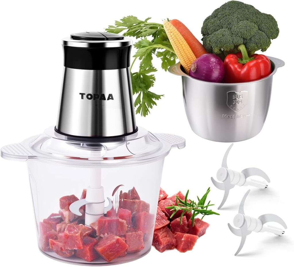 TOPAA Food Processors 2-Speed Electric Meat Grinder For Home Use Vegetable Chopper – 2 Bowls (12 Cup+12 Cup) with Powerful 300W Copper Motor – Includes 2 Sets of Bi-Level Blades for Fruits/Meat/Nuts
