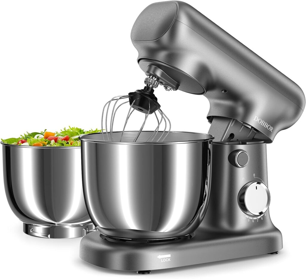 Stand Mixer with 3QT+3.5QT Dual Bowls, 10-Speed Electric 300W Food Mixer – Includes Egg Whisk, Dough Hook & Flat Beater for Home Baking & Daily Cooking (GraySilver)
