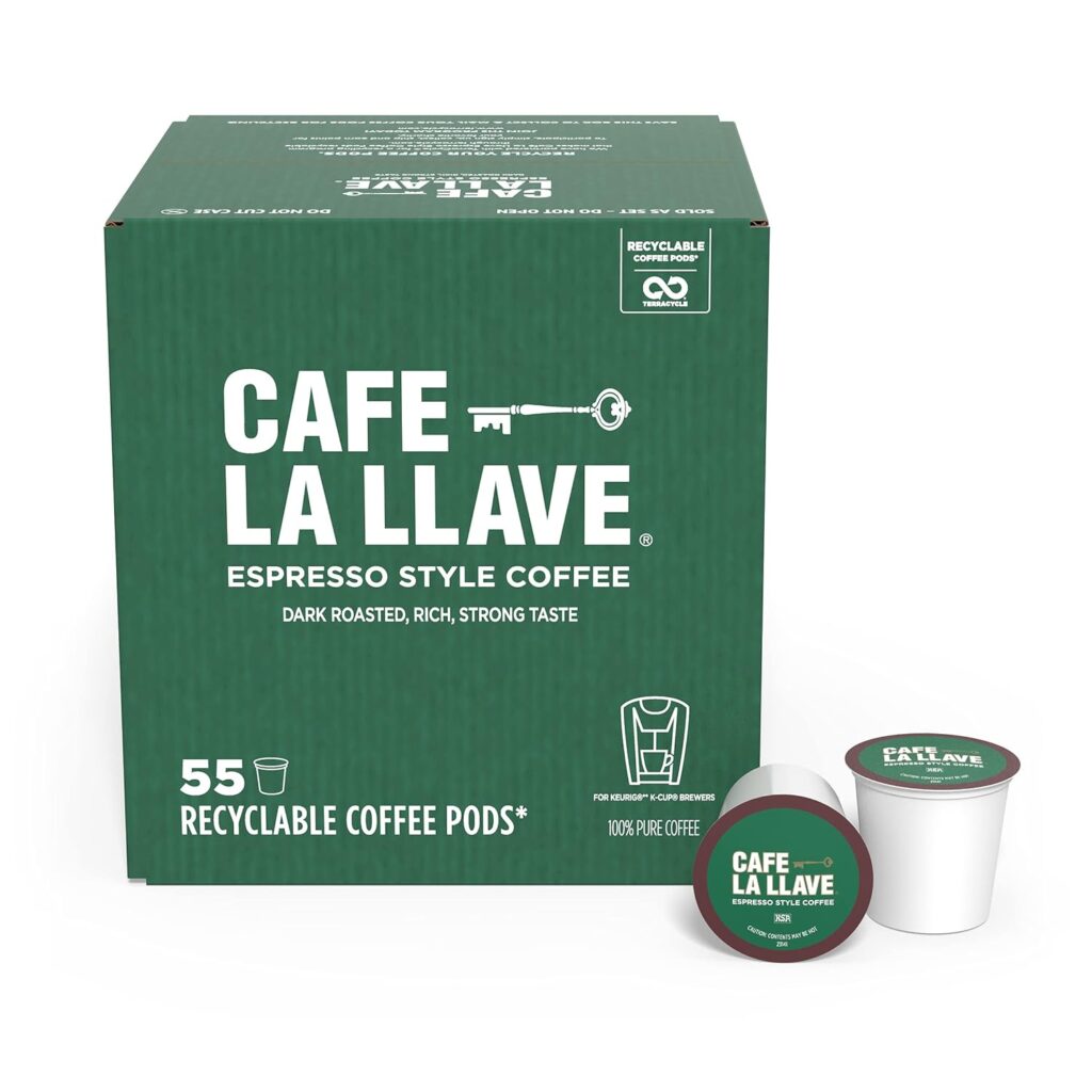 Cafe La Llave Espresso-Style Dark Roast Coffee Pods for Keurig K-Cup Brewers – Bold, Rich Flavor – 55 Count Single Serve Recyclable Capsules- Family Crafted