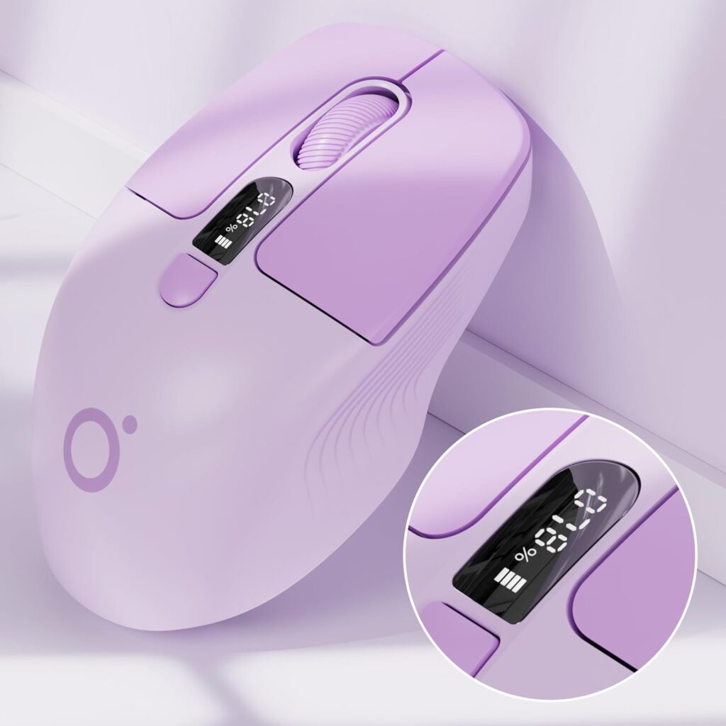 EWEADN Q1 Wireless Mouse, Bluetooth & 2.4G Silent Mouse Quiet Click with 1600 DPI Levels, Battery & DPI LED Screen Display, 6 Button Small Portable Cordless Mouse for Laptop/PC/Mac-Purple