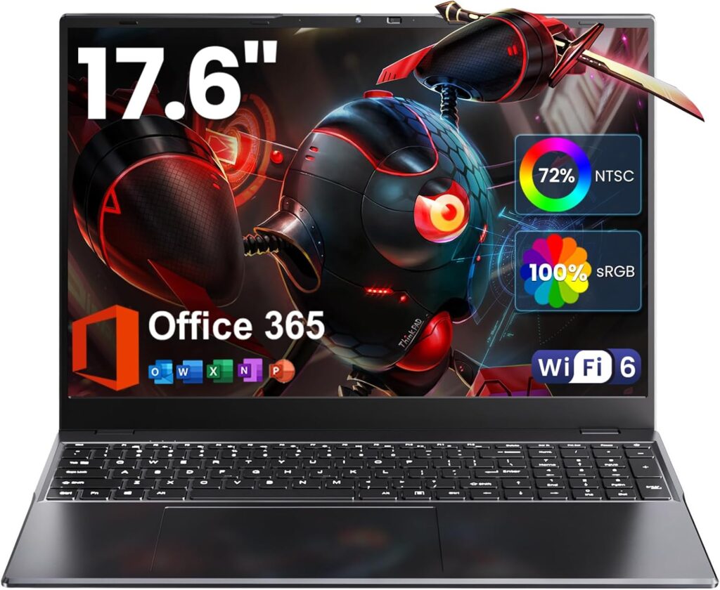 Laptop 17.6 inch, Laptop Computer with Office 365, 16GB DDR5 RAM, 640GB Storage, N95 CPU(Beat N5095), Backlit Keyboard, WiFi 6, Bluetooth 5.2, 1920 * 1200, 100% sRGB, for Students, Business