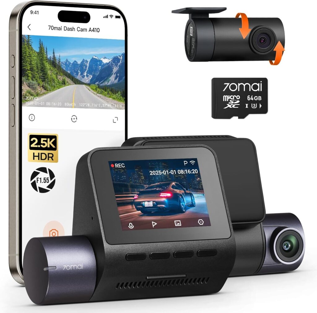 70mai Dash Cam Front and Rear – 2.5K+1080P Dual Dash Camera with HDR, Super Night Vision, F1.55 Aperture, 24H Parking Mode, Built-in Wi-Fi & GPS, G-Sensor, Loop Recording, 64GB Card Included (A410)