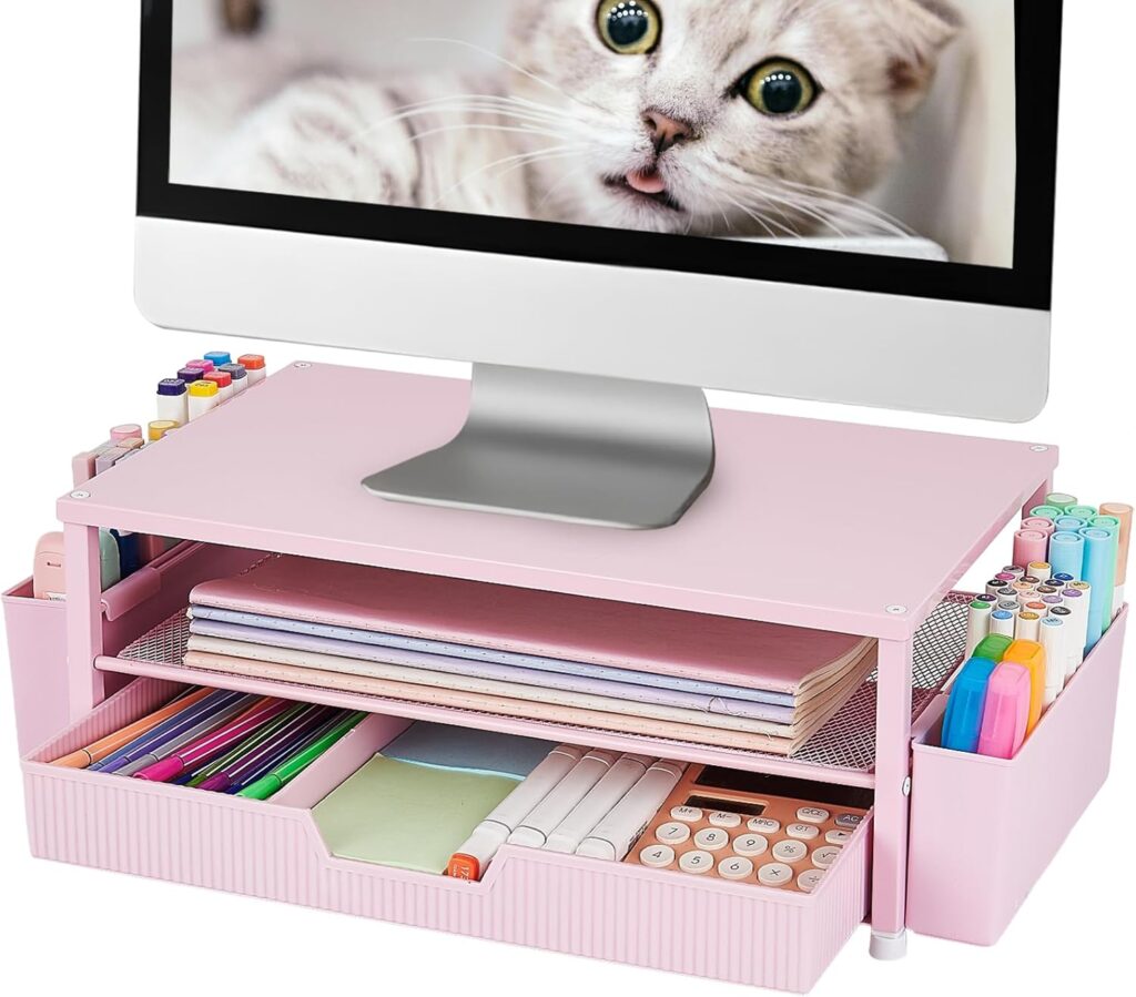 Desk Organizer and Accessories, 2-Tier Computer Monitor Stand Rise with Storage Drawer & 2 Pen Holders, Laptop & Printer Stand for Desktop, Workspace Organizers for Office Supplies (Pink)