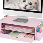 Desk Organizer and Accessories, 2-Tier Computer Monitor Stand Rise with Storage Drawer & 2 Pen Holders, Laptop & Printer Stand for Desktop, Workspace Organizers for Office Supplies (Pink)