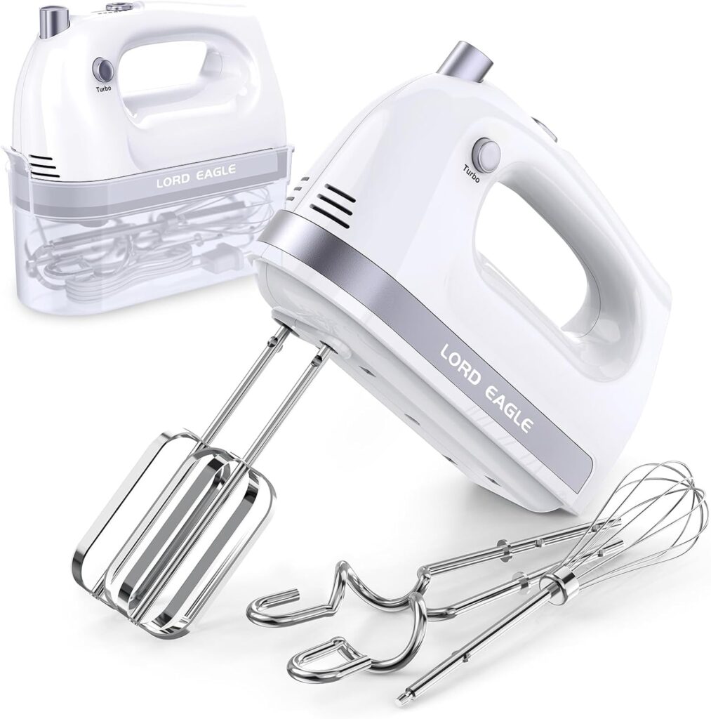 Lord Eagle Hand Mixer Electric 400W, 5 Speed handheld Mixer, 5 Stainless Steel Accessories for Baking Cake Egg Cream Food Beater, Turbo Boost/Self-Control Speed + Eject Button