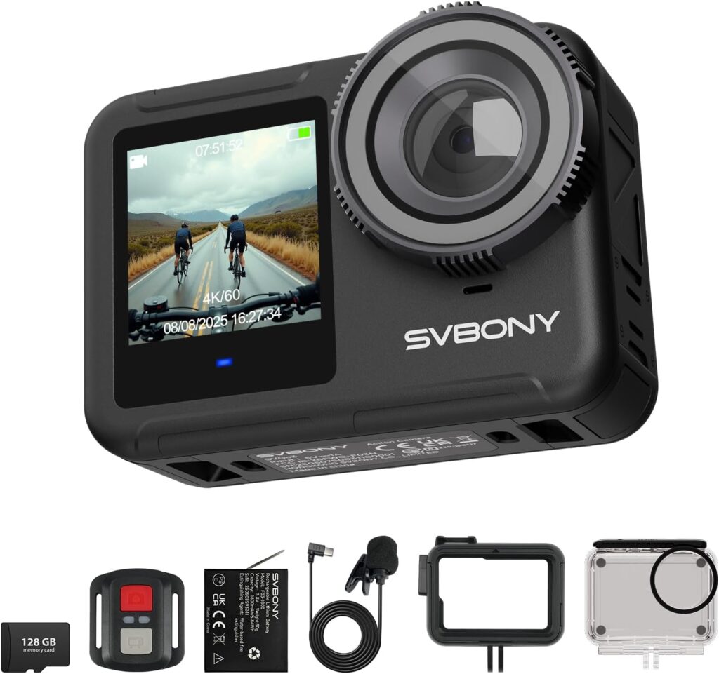 SVBONY SVGo3 Action Camera 4K30FPS with 1/2.8″, 128GB Card, Sports Camera with Enhance Low-Light, 6-Axis EIS, 40FT Dives in Bare Form, Touch Screen Waterproof Cameras for Bike/Ride Vlog Recording