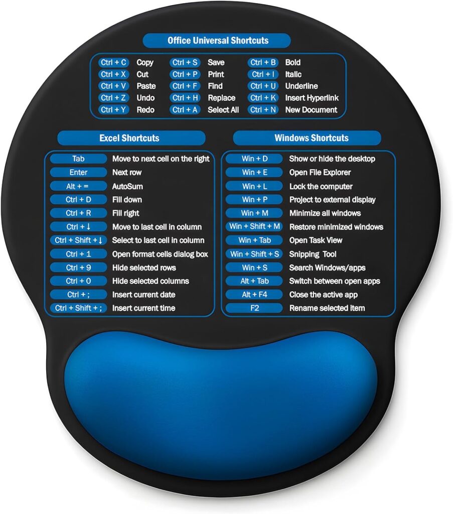 Mouse Pad with Wrist Rest – Ergonomic Memory Foam Support, Small Cute Excel Cheat Sheet Mousepad with Windows & Office Shortcuts, Non-Slip PU Base, for Computer Desk Laptop Travel, Black Blue