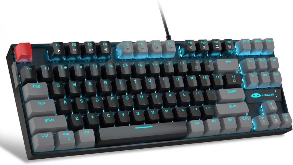 MageGee 75% Mechanical Gaming Keyboard, Red Switch, LED Blue Backlit, 87 Keys Compact TKL Wired Computer Keyboards for Windows Laptop PC Gamer – Black/Grey