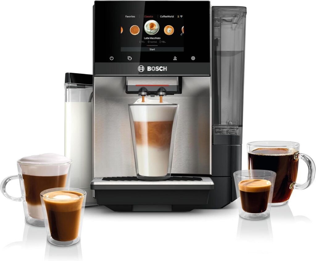 Bosch 800 Series Fully Automatic Espresso and Coffee Machine โ 36 Drinks with Coffee World, Cold Brew, Double Cup, Integrated Milk Container, Smart Features, in Stainless Steel TQU60703