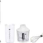 Amazon Basics 300W 4-In-1 Immersion Blender Handheld, Emulsion Blender With Blending Stick, Whisk, Chopper and Beaker, Continuous Speed Control And Turbo Mode, 5-ft Power Cord, White