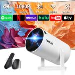 [Built-in Apps & 2025 Upgraded] Mini Projector with WiFi 6 and Bluetooth 5.4 Support 4K 1080P Auto Keystone 270° Rotatable Projector Portable Compatibile with HDMI/TV Stick/Memory Stick – White