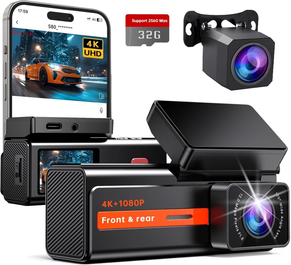 Dash Cam Front and Rear, 4K+1080P WiFi Mini Car Camera with App Control, 170° Wide Angle Dual Dashcam, Night Vision, 24H Parking Mode, Loop Recording, G-Sensor, 32GB Card Included, Support Up to 256GB