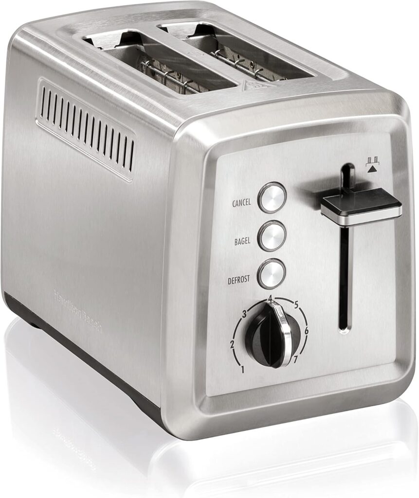 Hamilton Beach 2 Slice Toaster with Extra-Wide Slots, Bagel Setting, Toast Boost, Slide-Out Crumb Tray, Auto-Shutoff & Cancel Button, Defrost Function, Stainless Steel (22794)