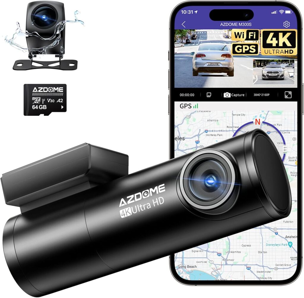 AZDOME M300S 4K Ultra HD Dual Dash Cam Front and Rear, Free 64GB Card, Built-in WiFi GPS Voice Control Car Camera, Night Vision, ADAS, 24 Hours Parking Monitor, Loop Recording