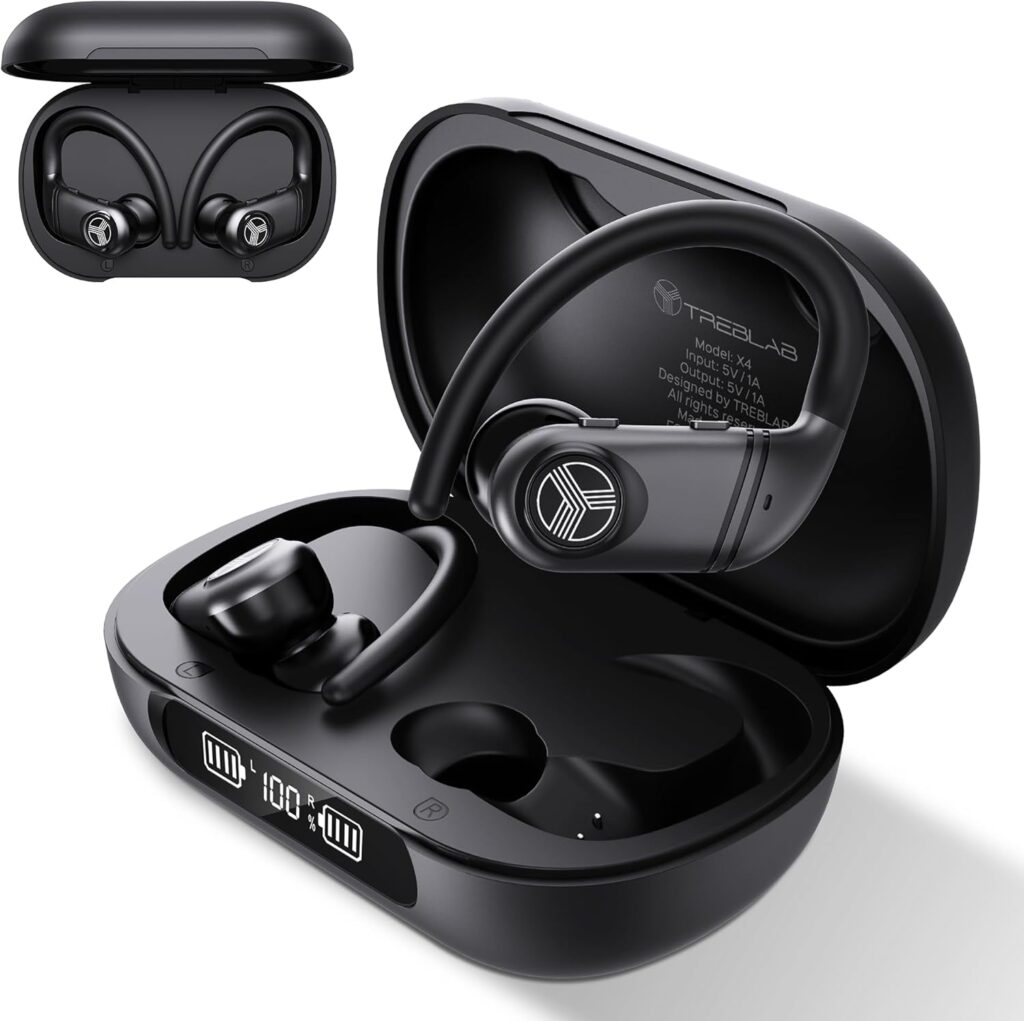 TREBLAB X4 Wireless Earbuds with Earhooks – 253H Battery, ENC Mic, Bluetooth 5.4, USB-C Charging Case, IPX5 Waterproof, Noise Isolating, for Calls, Workouts