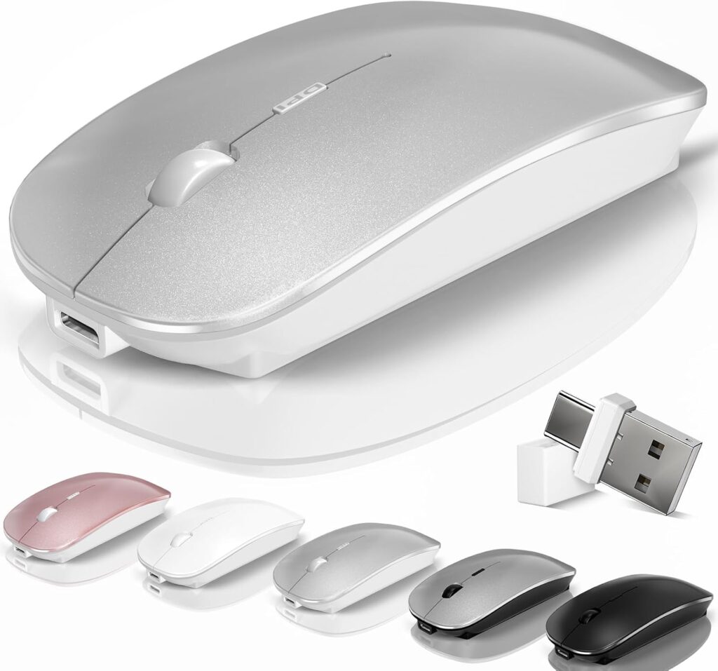 Mouse for Laptop Wireless Bluetooth – MacBook Air Mac Pro PC iPad Optical Rechargeable Silent Mouse with Jiggler Dual Mode Switch Bluetooth 5.2/3.0 and 2.4GHz USB-A and Type-C Receiver Silvery