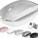 Mouse for Laptop Wireless Bluetooth – MacBook Air Mac Pro PC iPad Optical Rechargeable Silent Mouse with Jiggler Dual Mode Switch Bluetooth 5.2/3.0 and 2.4GHz USB-A and Type-C Receiver Silvery