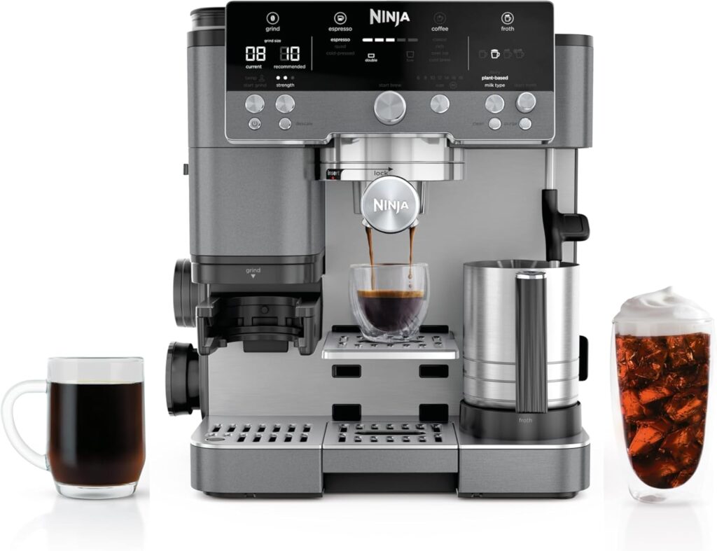 Ninja Luxe Cafe Premier Series, Espresso Machine, Drip Coffee, Rapid Cold Brew, Integrated Grinder, Hands-Free Frother, with Knock Box, Water Filter, Cleaning Tablets, Descaler, ES601GM