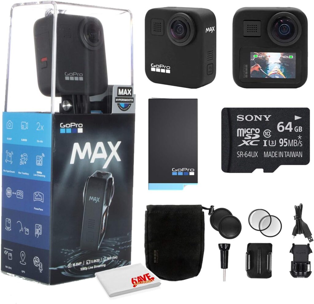 GoPro MAX 360 Waterproof Action Camera – Camera W/Touch Screen – Spherical 5.6K30 HD Video – 16.6MP 360 Photos – 1080p Live Streaming Stabilization – Cleaning Set + 64GB Memory Card and More.