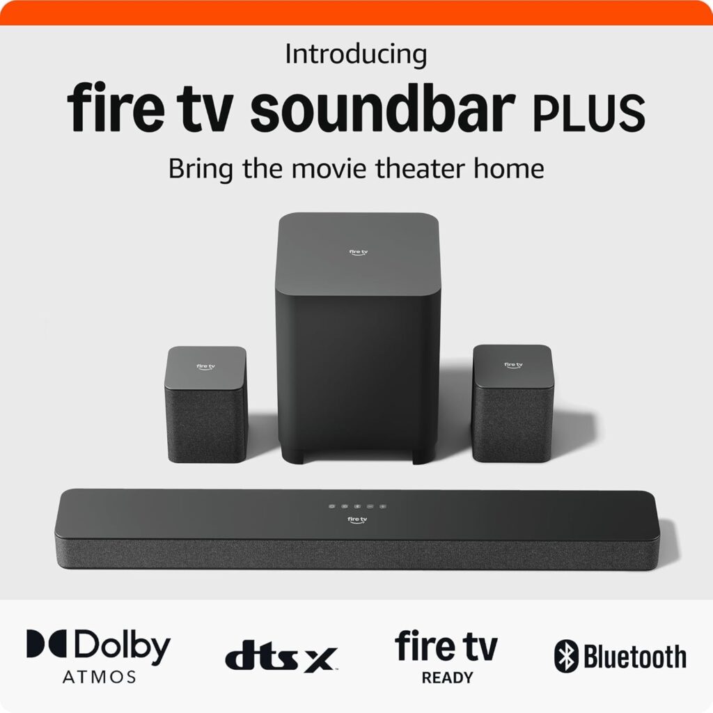 Amazon Fire TV Soundbar Plus with subwoofer and surround sound speakers (newest model), 5.1 channel, Dolby Atmos, clear dialogue