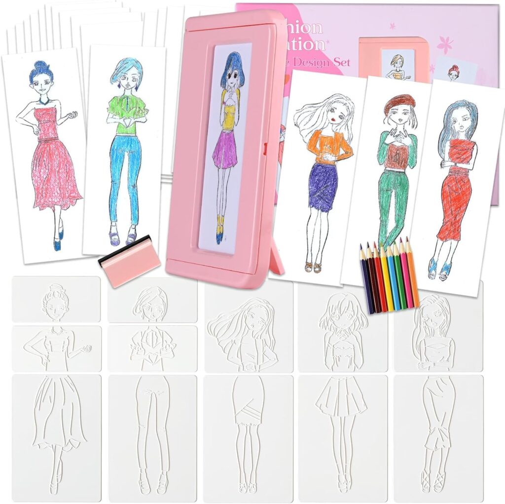 Pink Fashion Design Drawing Kit for Girls, 15 Double-Sided Rubbing Plates with Crayons, Colored Pencils, Paper & Display Frame, DIY Arts and Crafts Sensory Activity, Creative Gift for Kids Ages 3+