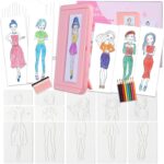 Pink Fashion Design Drawing Kit for Girls, 15 Double-Sided Rubbing Plates with Crayons, Colored Pencils, Paper & Display Frame, DIY Arts and Crafts Sensory Activity, Creative Gift for Kids Ages 3+