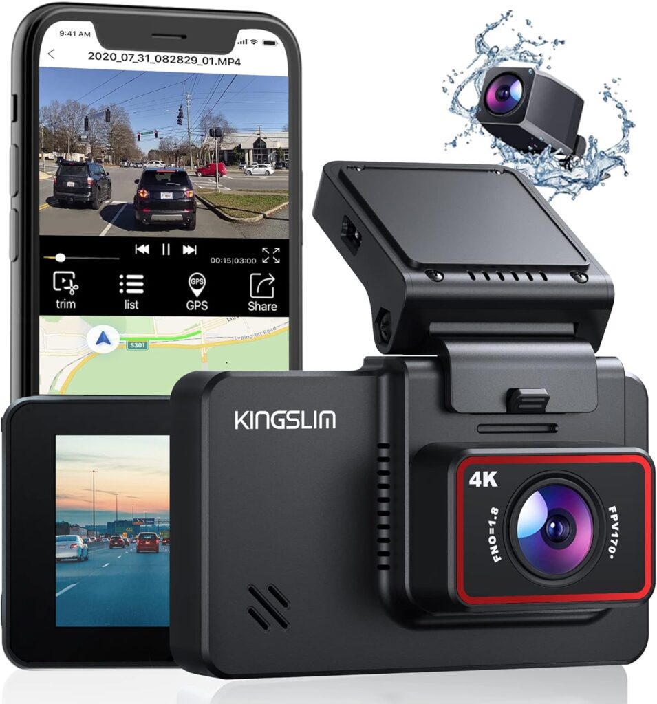 Kingslim D4 Dual Dash Cam with Built-in WiFi GPS, Front 4K/2.5K Rear 1080P for Cars , 3″ IPS Touchscreen 170° FOV Dashboard Camera with Sony Starvis Sensor, Support 256GB Max