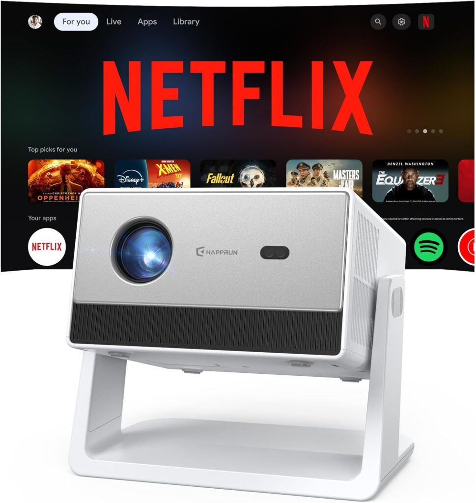 1500ANSI Netflix Officially Licensed Full HD Smart Projector with Stand, HAPPRUN 4K Projector with Wifi and Bluetooth, Built in Apps, Dolby Audio, Movie Projector for Oudoor,Home,Indoor,Gaming,Bedroom