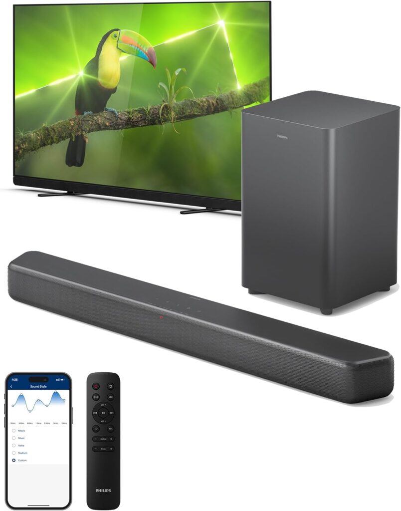 PHILIPS B5309 Soundbar 2.1 with Wireless Subwoofer and Immersive DTS Virtual:X Audio Technology – 240W Max Power, Deep Bass, Bluetooth 5.4, Four EQ Modes, HDMI ARC and USB connectivity – Dark Grey