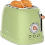 CROWNFUL 2-Slice Toaster, Extra Wide Slots Toaster, Retro Stainless Steel with Bagel, Cancel, Defrost, Reheat Function and 6-Shade Settings, Removal Crumb Tray, Green