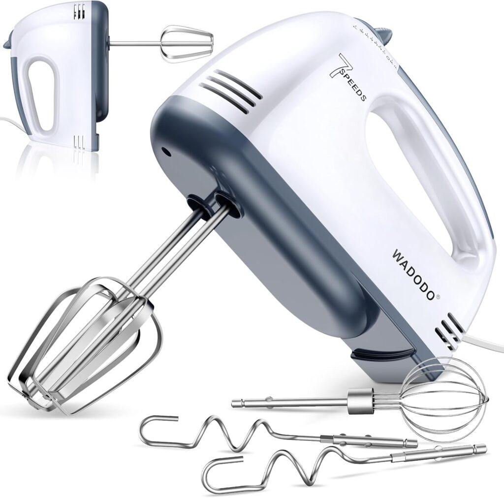 WADODO 200W Electric Hand Mixer, 7-Speeds Small Handheld Mixer with 304 Stainless Steel Beaters, Dough Hooks & Whisk Attachment, Portable Food Kitchen Mixer for Baking Cake Cookies Cream