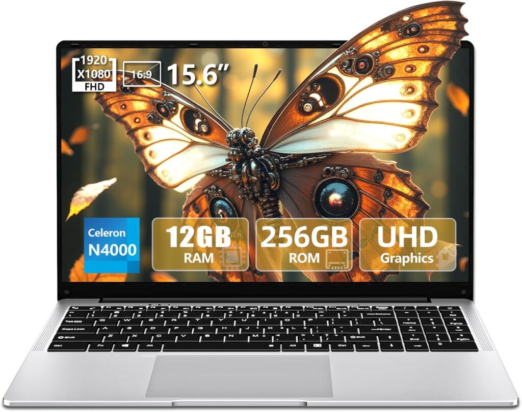 15.6 inch Laptop, Laptops with Celeron N4000, 2025 Gaming Laptop for 12GB LPDDR4 256GB SSD, IPS FHD 1920×1080, WiFi+BT4.2+Mini HDMI+TF Card Slot, Traditional Laptops Computers Convertible 180° Netbook