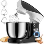 Stand Mixer, POWWA 6.5 QT 10 Speeds Tilt-Head Electric Stand Mixer, 3-In-1 Kitchen Mixer with Bowl, Dough Hook, Whisk and Beater, Food Mixer for Baking and Daily Use (Black White)