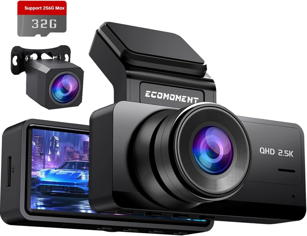 Dash Cam Front and Rear, 2.5K+1080P Dual Dash Camera for Cars, Ecomoment Car Camer with 3.16″ IPS Screen, 170° Wide Angle, Night Vision, G-Sensor, 24H Parking Monitor, 32GB SD Card Included, S70