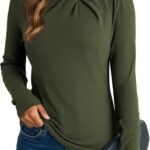 Dokotoo Womens Tops Business Casual Outfits Long Sleeve Shirts Mock Neck Twist Knot Slim Fit Soft Stretch Tees Blouses