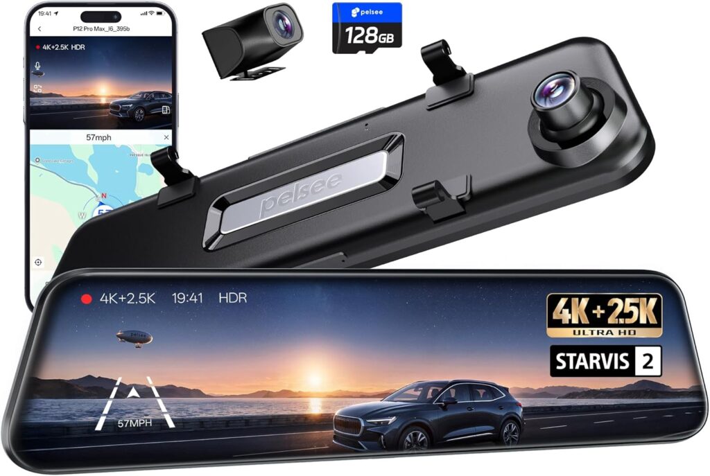 Pelsee 4K+2.5K Mirror Dash Cam with Front Starvis 2 IMX678 & Rear IMX335, 12″ Rear View Mirror Camera, Color Night Vision, 5.8GHz WiFi, ADAS & BSD, Included OBD Hardwire Kit, 128GB Card, P12 Pro Max