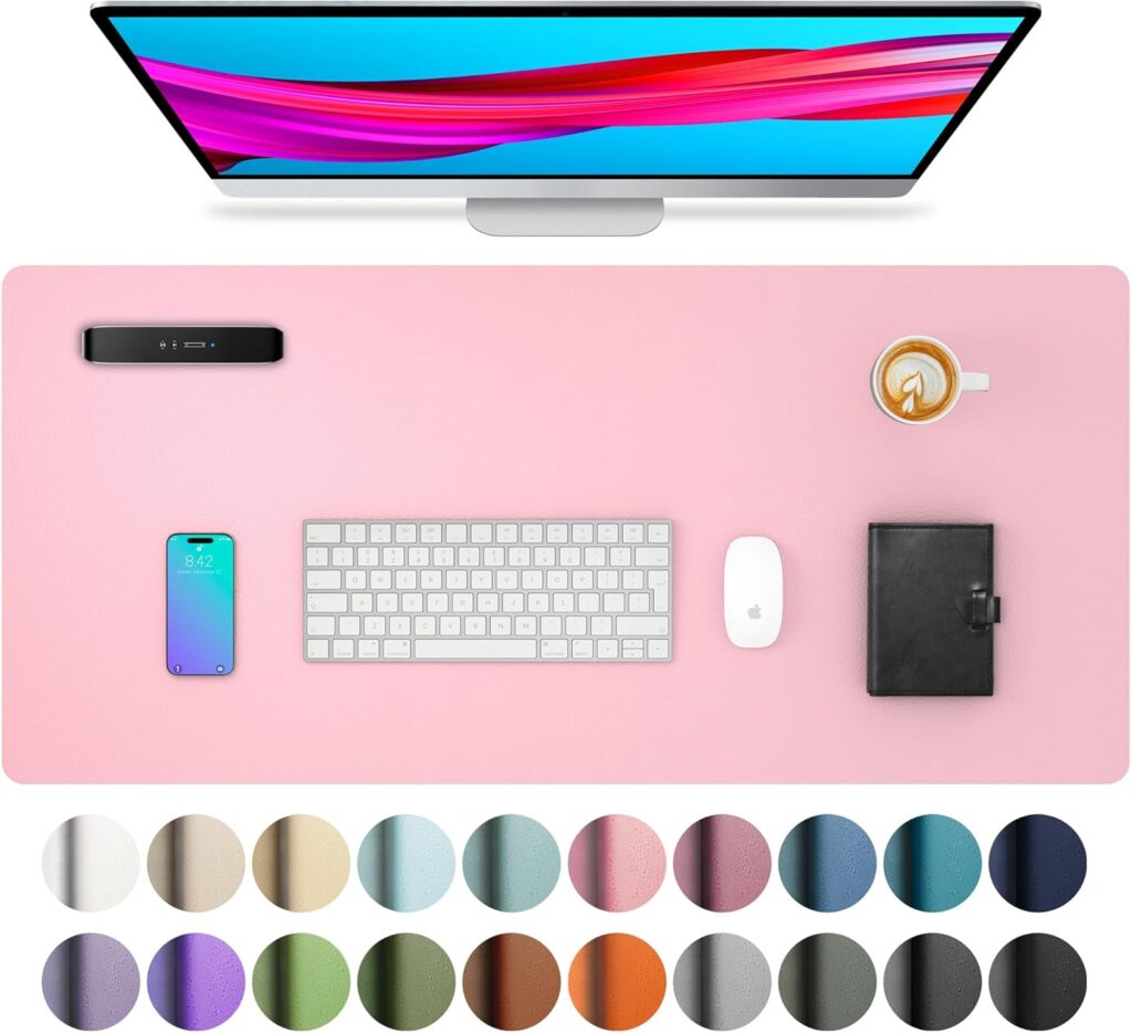 Aothia Leather Desk Pad Protector, Mouse Pad, Office Desk Mat, Non-Slip PU Leather Desk Blotter, Laptop Desk Pad, Waterproof Desk Writing Pad for Office and Home (23.6″ x 13.7″, Fairy Pink)