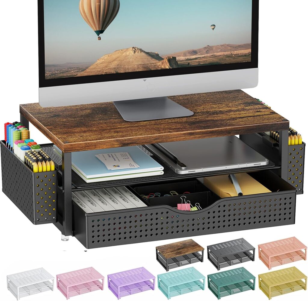 gianotter Wood Monitor Stand Riser, Office Desk Shelf Organizer, Desk Organizer with Drawer and Pen Holder, 2-Tier Computer Stand, Office Organization (Wood)