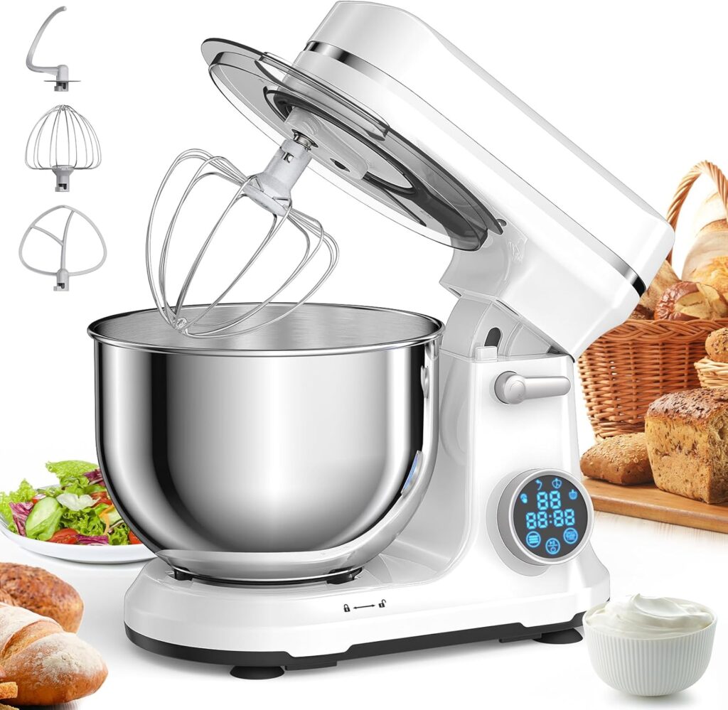 BioloMix Stand Mixer, 1200W DC Motor 11 Speed Tilt Head Food Mixer, Digital OLED Screen, Kitchen Electric Food Stand Mixer with Dough Hook, Flat Beater, Whisk, (White)