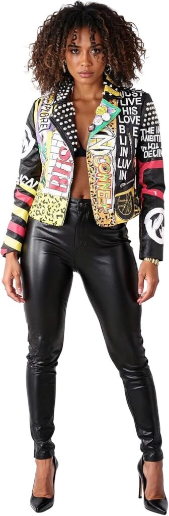 ForHer NYC Women’s Faux Leather Moto Jacket, Black/Multi, Graffiti Print, Studded, Cropped Fit, Sizes S-2X – 81760