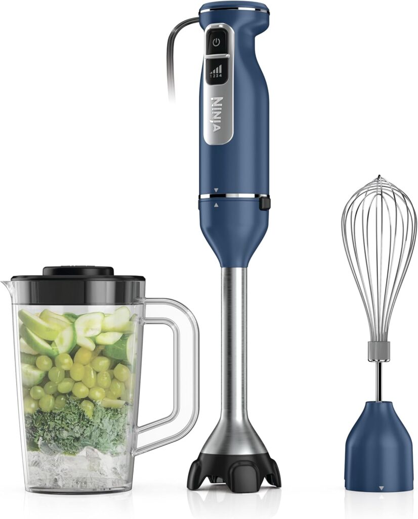 Ninja Immersion Blender and Whisk, Hand Stick Blender, 4 Speeds, with SplatterShield and PanProtect, 4-Cup Blending Vessel, Dishwasher Safe, 5-ft Cord, Ergonomic, Deep Navy, CI201ND