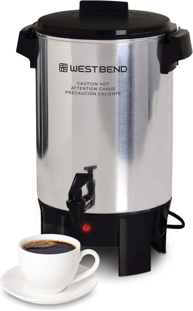 West Bend Coffee Urn Highly-Polished Aluminum Features Automatic Temperature Control with Cup Per Minute Brewing and Easy Clean Up Includes In-Basket Measuring Guide and Ready Light, 30-Cup, Silver