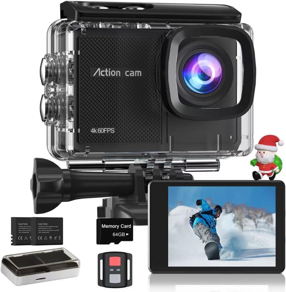 4K 60FPS Action Camera with 64GB Card-48MP Waterproof Camera,40M Underwater Camera,8X Zoom,EIS Stabilization,WiFi,Remote Control,MotorcycleCamera with 2 Rechargeable Batteries